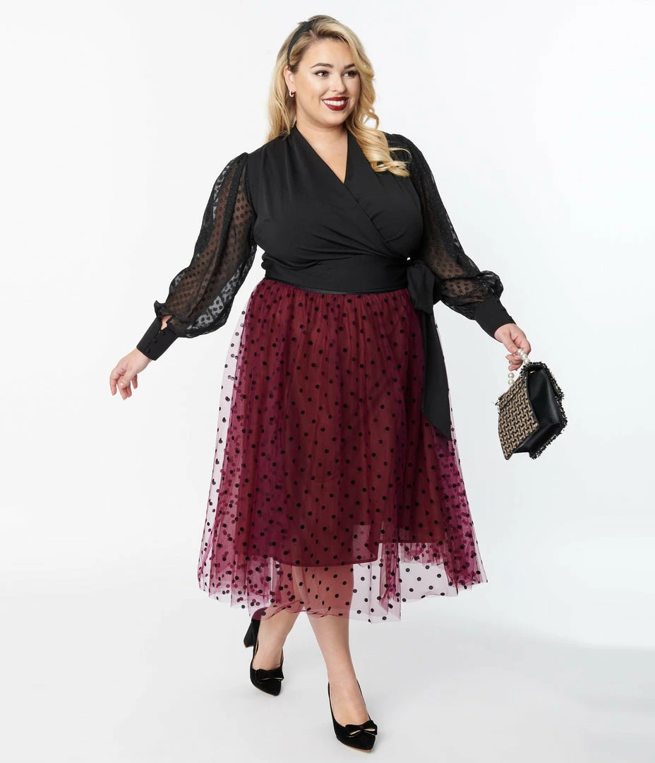 New Arrivals! Unique Vintage Plus Size Black Tulle & Burgundy Swiss Dots Hilty Skirt