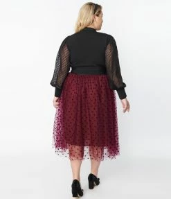 New Arrivals! Unique Vintage Plus Size Black Tulle & Burgundy Swiss Dots Hilty Skirt