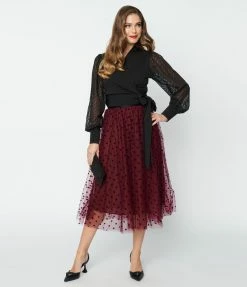 Clothing Unique Vintage Black Tulle & Burgundy Swiss Dots Hilty Skirt