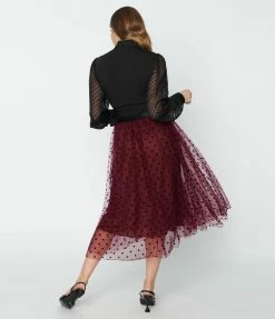 Clothing Unique Vintage Black Tulle & Burgundy Swiss Dots Hilty Skirt