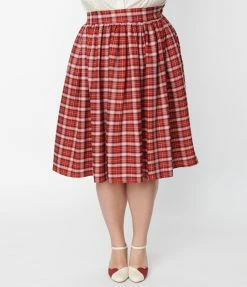 Unique Vintage Plus Size Red & White Plaid Gellar Swing Skirt