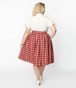 Unique Vintage Plus Size Red & White Plaid Gellar Swing Skirt
