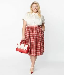 Unique Vintage Plus Size Red & White Plaid Gellar Swing Skirt