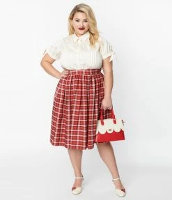 Unique Vintage Plus Size Red & White Plaid Gellar Swing Skirt