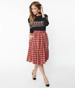 Unique Vintage Red & White Plaid Gellar Swing Skirt Clothing