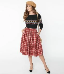 Unique Vintage Red & White Plaid Gellar Swing Skirt Clothing