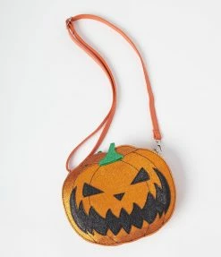 Handbags Unique Vintage Orange Leatherette Jack O Lantern Crossbody Purse
