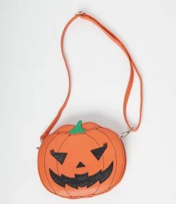 Handbags Unique Vintage Orange Leatherette Jack O Lantern Crossbody Purse