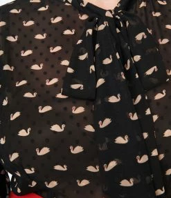 Unique Vintage Plus Size Black Clip Dot & Swan Gwen Blouse New Arrivals!
