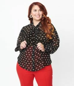 Unique Vintage Plus Size Black Clip Dot & Swan Gwen Blouse New Arrivals!