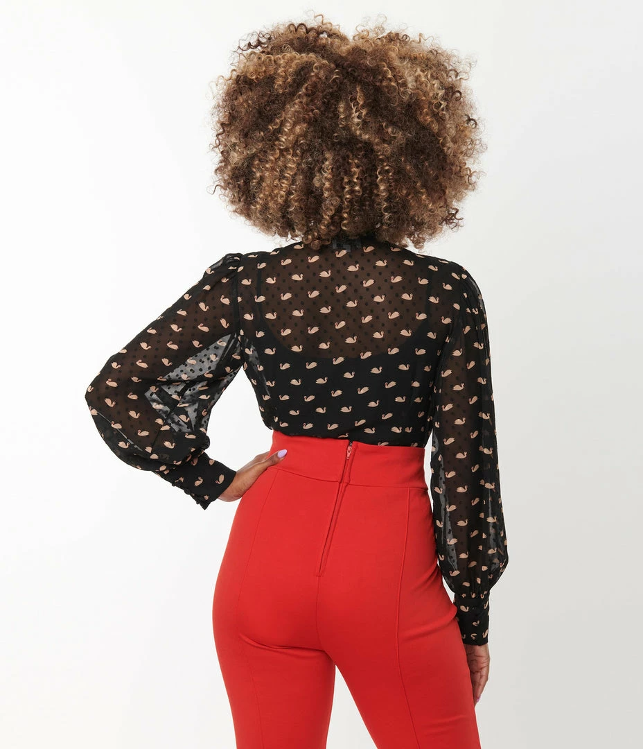 Unique Vintage Black Clip Dot & Swan Gwen Blouse New Arrivals!