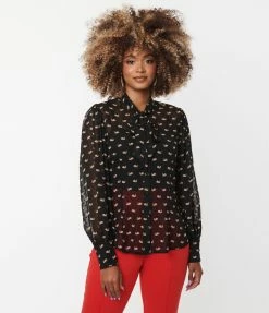 Unique Vintage Black Clip Dot & Swan Gwen Blouse New Arrivals!