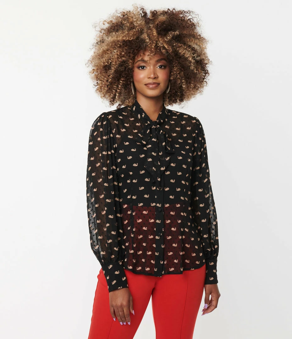 Unique Vintage Black Clip Dot & Swan Gwen Blouse New Arrivals!