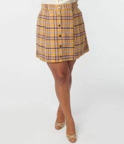 New Arrivals! Unique Vintage Plus Size Mustard Plaid Corduroy Marlo Mini Skirt