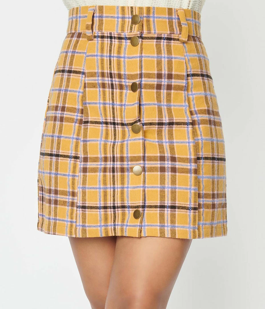 Unique Vintage Mustard Plaid Corduroy Marlo Mini Skirt