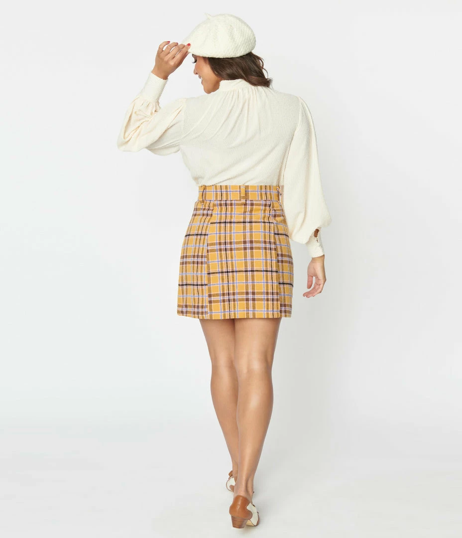 Unique Vintage Mustard Plaid Corduroy Marlo Mini Skirt