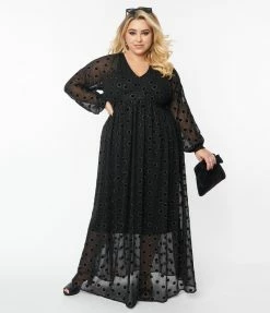 Unique Vintage Plus Size Black Flocked Sparkle Dot Buttercup Maxi Dress
