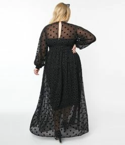 Unique Vintage Plus Size Black Flocked Sparkle Dot Buttercup Maxi Dress