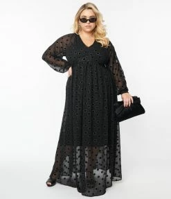 Unique Vintage Plus Size Black Flocked Sparkle Dot Buttercup Maxi Dress