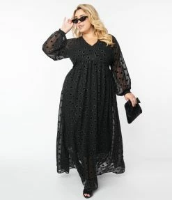 Unique Vintage Plus Size Black Flocked Sparkle Dot Buttercup Maxi Dress