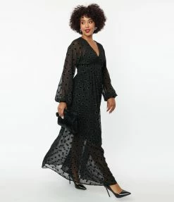 Unique Vintage Black Flocked Sparkle Dot Buttercup Maxi Dress Clothing
