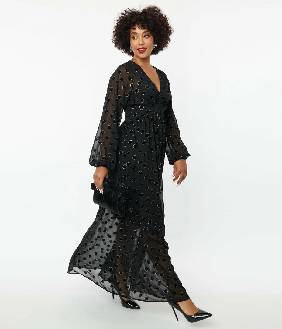 Unique Vintage Black Flocked Sparkle Dot Buttercup Maxi Dress Clothing