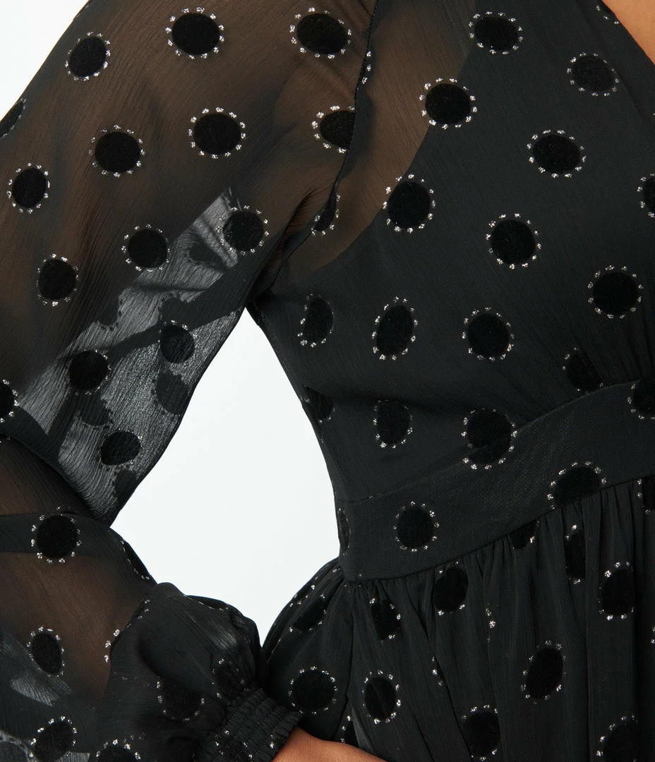 Unique Vintage Black Flocked Sparkle Dot Buttercup Maxi Dress Clothing