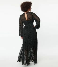 Unique Vintage Black Flocked Sparkle Dot Buttercup Maxi Dress Clothing