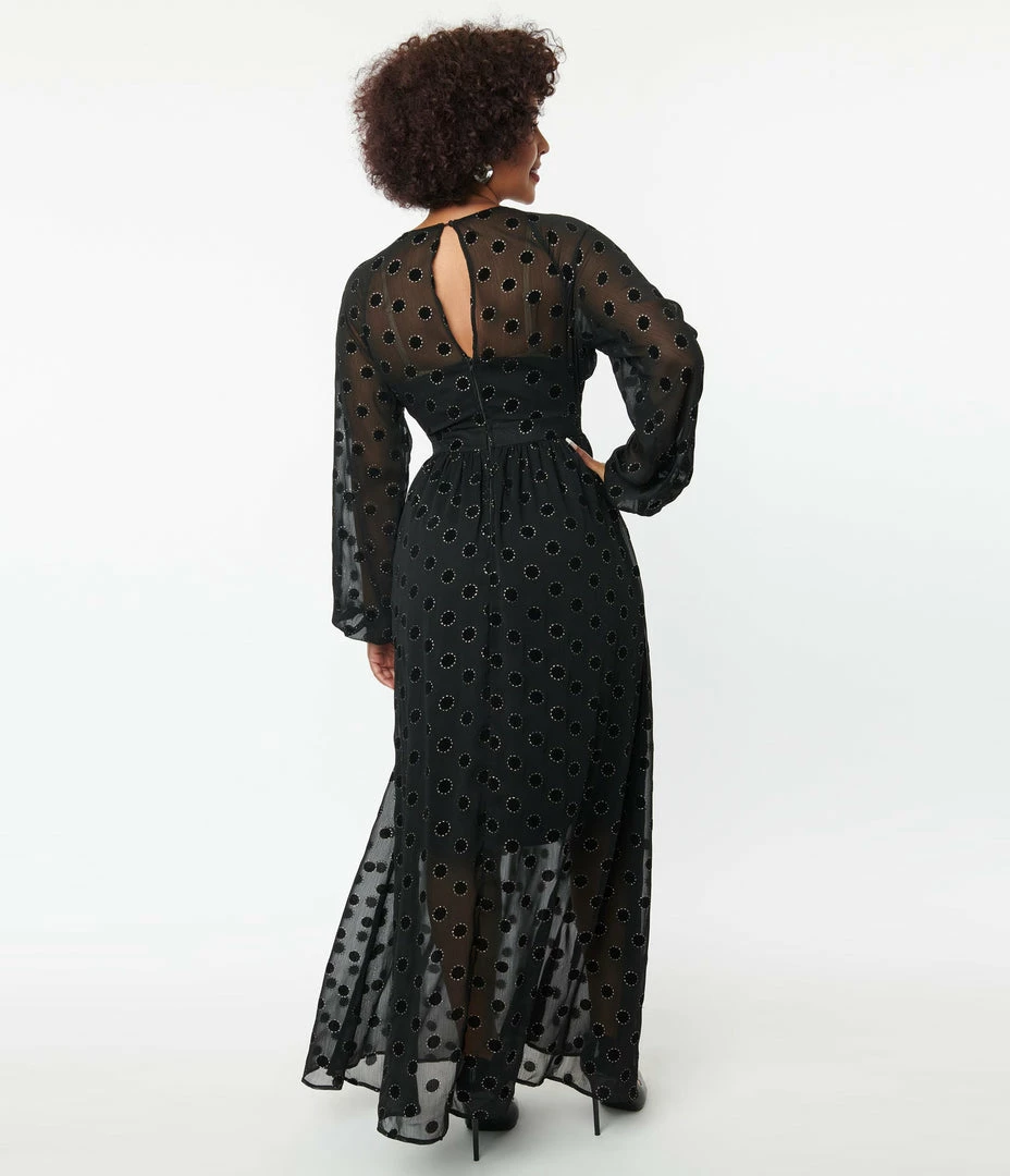 Unique Vintage Black Flocked Sparkle Dot Buttercup Maxi Dress Clothing