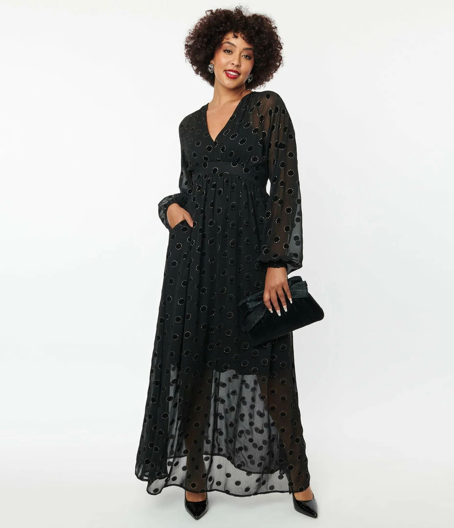Unique Vintage Black Flocked Sparkle Dot Buttercup Maxi Dress Clothing