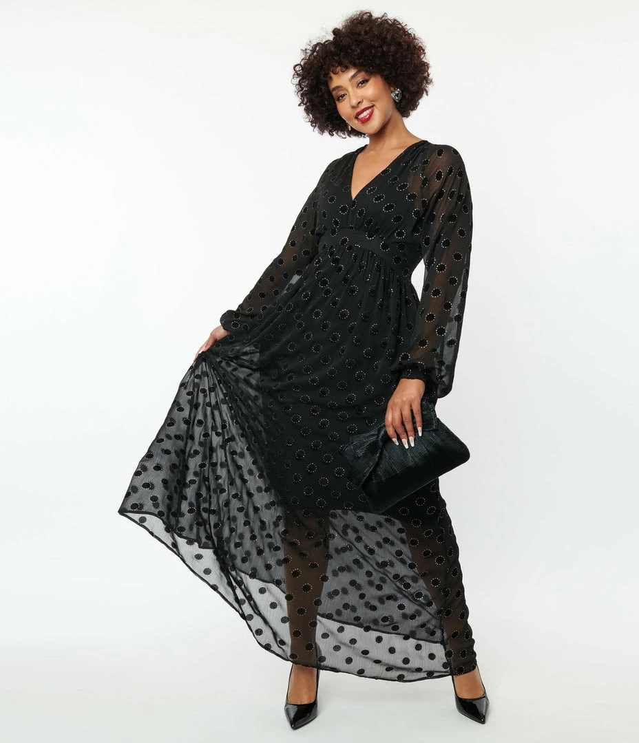 Unique Vintage Black Flocked Sparkle Dot Buttercup Maxi Dress Clothing