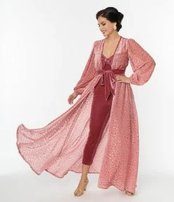 Unique Vintage Rose Pink Heart Devore Velvet Hollywood Duster