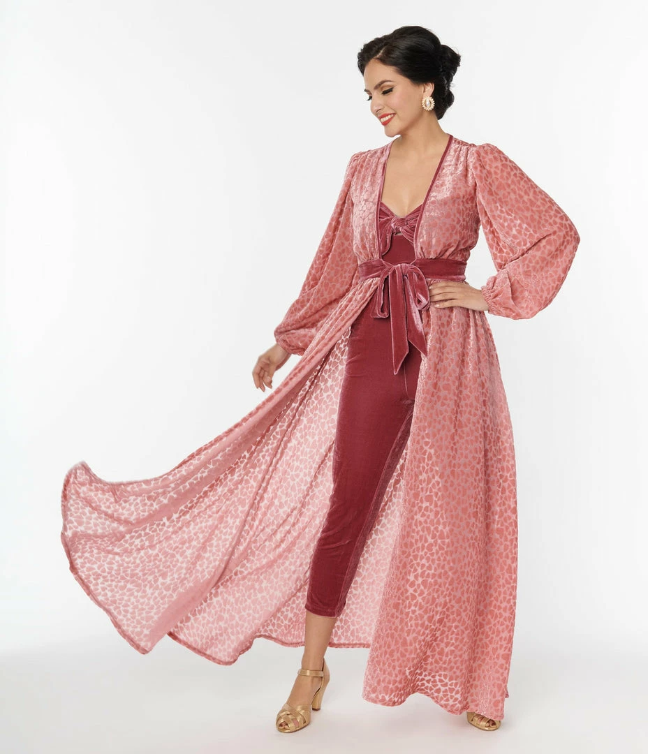 Unique Vintage Rose Pink Heart Devore Velvet Hollywood Duster