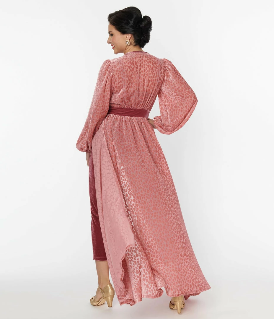 Unique Vintage Rose Pink Heart Devore Velvet Hollywood Duster