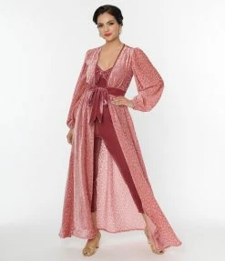 Unique Vintage Rose Pink Heart Devore Velvet Hollywood Duster