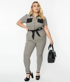 Unique Vintage Plus Size Black & Ivory Plaid Skinny Leg Bexley Jumpsuit New Arrivals!