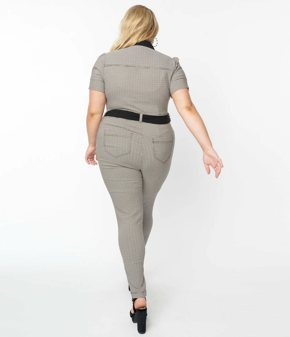 Unique Vintage Plus Size Black & Ivory Plaid Skinny Leg Bexley Jumpsuit New Arrivals!