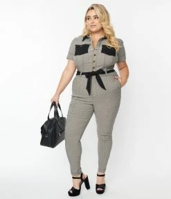 Unique Vintage Plus Size Black & Ivory Plaid Skinny Leg Bexley Jumpsuit New Arrivals!