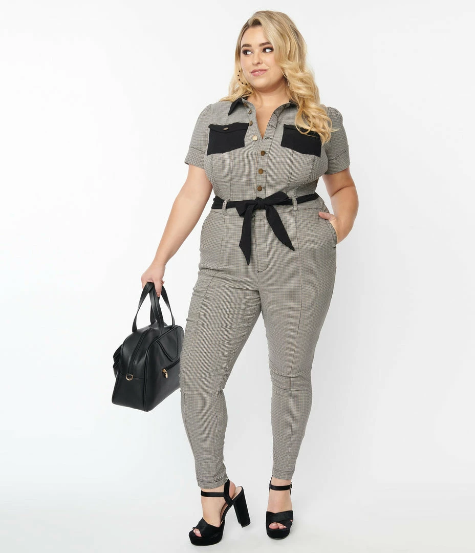 Unique Vintage Plus Size Black & Ivory Plaid Skinny Leg Bexley Jumpsuit New Arrivals!
