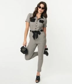 Unique Vintage Black & Ivory Plaid Skinny Leg Bexley Jumpsuit New Arrivals!