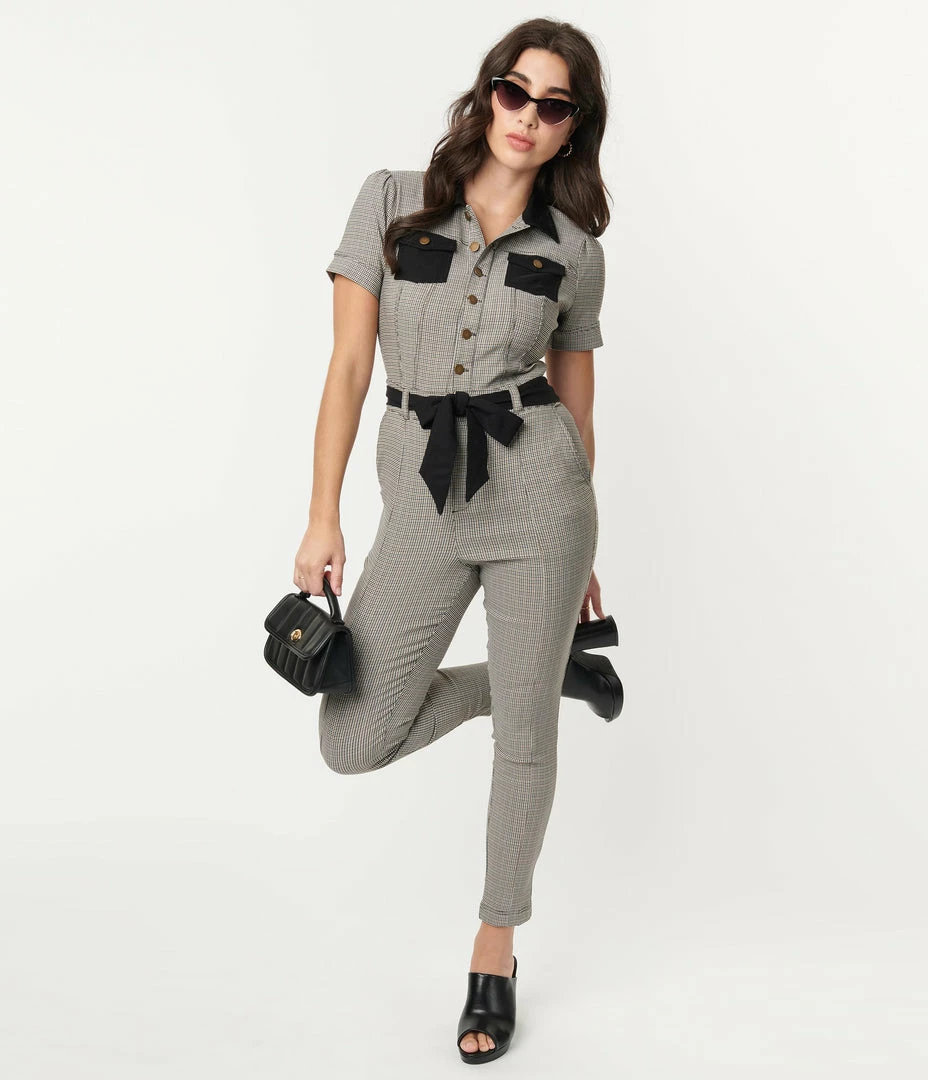 Unique Vintage Black & Ivory Plaid Skinny Leg Bexley Jumpsuit New Arrivals!