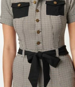 Unique Vintage Black & Ivory Plaid Skinny Leg Bexley Jumpsuit New Arrivals!