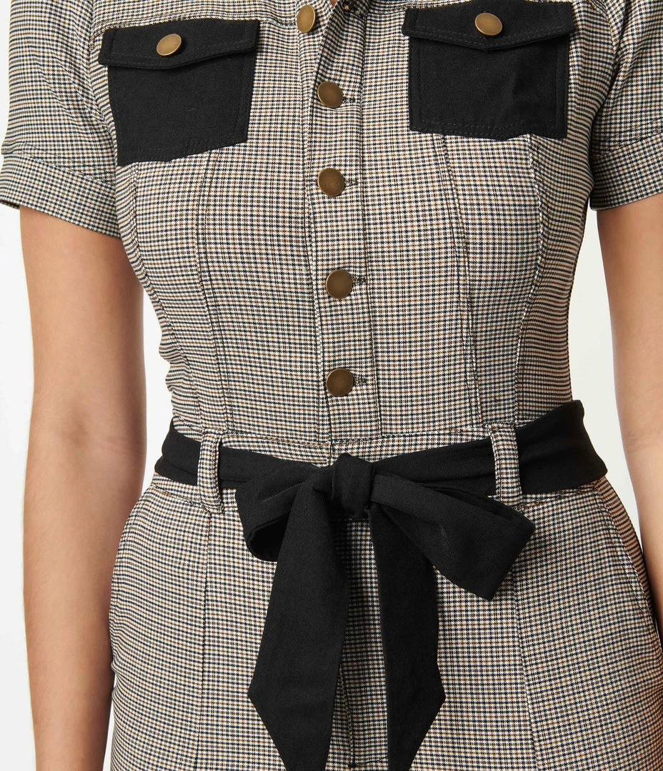 Unique Vintage Black & Ivory Plaid Skinny Leg Bexley Jumpsuit New Arrivals!