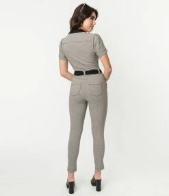 Unique Vintage Black & Ivory Plaid Skinny Leg Bexley Jumpsuit New Arrivals!