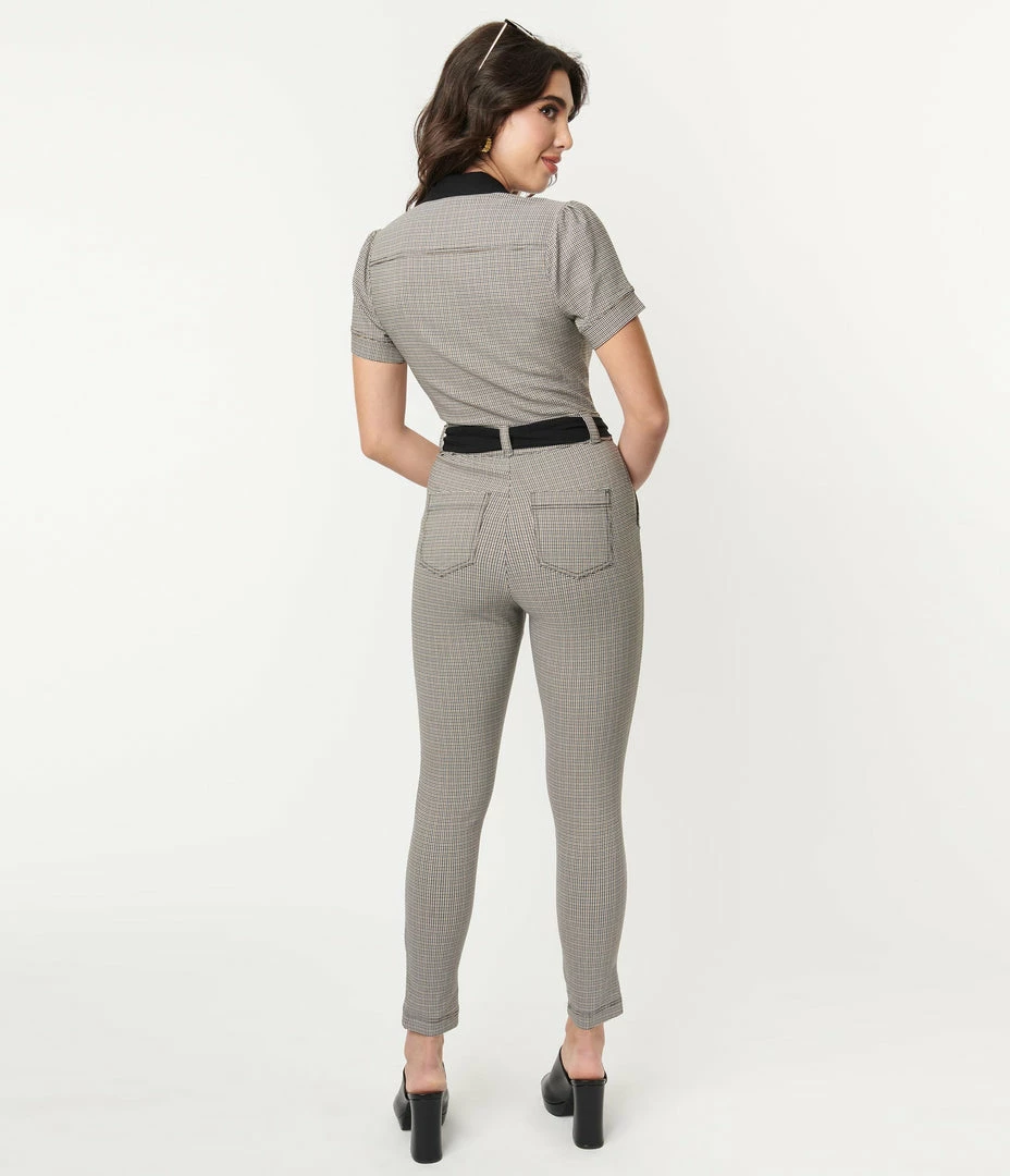 Unique Vintage Black & Ivory Plaid Skinny Leg Bexley Jumpsuit New Arrivals!