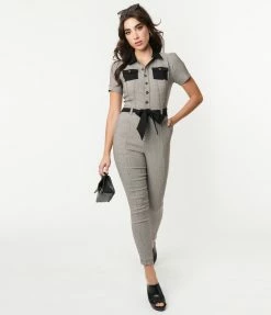Unique Vintage Black & Ivory Plaid Skinny Leg Bexley Jumpsuit New Arrivals!