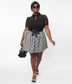 Clothing Unique Vintage Plus Size Black & White Houndstooth & Bows Flare Skirt
