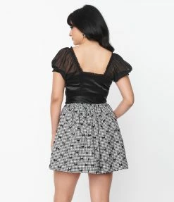 Clothing Unique Vintage Black & White Houndstooth & Bows Flare Skirt