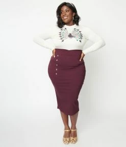 Unique Vintage Plus Size Eggplant High Waist Wiggle Skirt New Arrivals!
