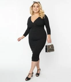 New Arrivals! Unique Vintage Plus Size Black Textured & Pin Dot Lyddie Wiggle Dress